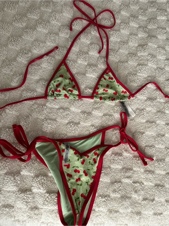Frankie's Bikinis Other - Frankie's Bikinis Cherry Print Triangle Bikini in Mint and Red SMALL
